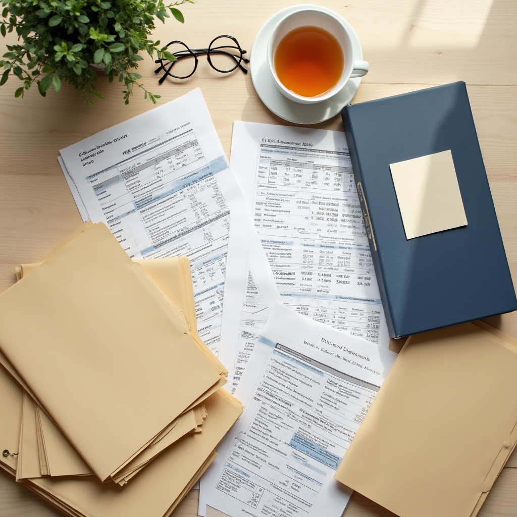 Carpetas y documentos financieros ordenados sobre un escritorio limpio