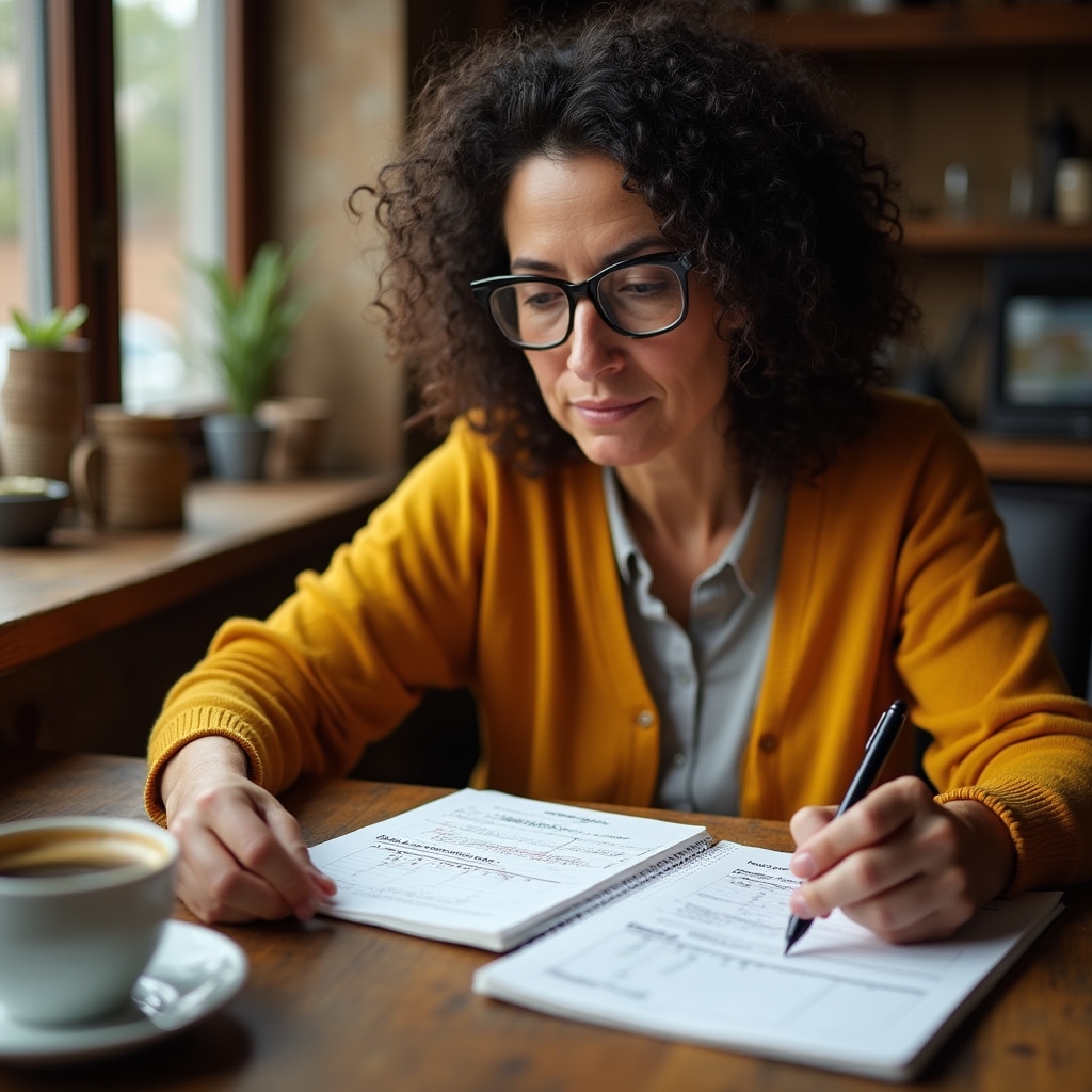 Mujer adulta revisando un cuaderno de presupuesto en una mesa de madera con luz natural